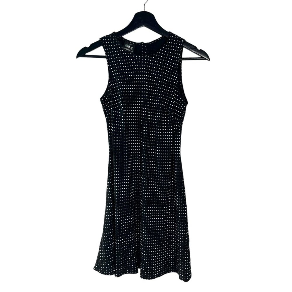 Vintage 90s Black White Micro Polkadot Fit Flare Sleeveless Short Dress Small
